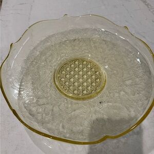 Vintage Lancaster Glass console bowl in the "Landrum" pattern with a yellow
